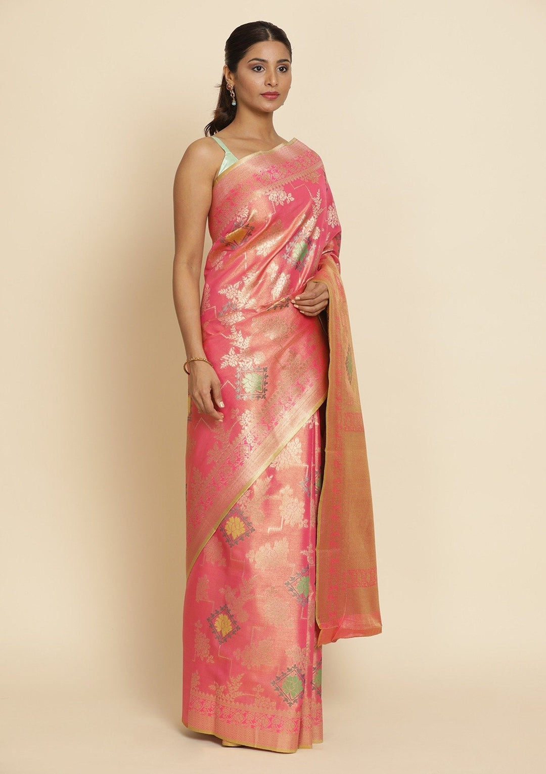 Pink Zariwork Tissue Designer Saree - koskii