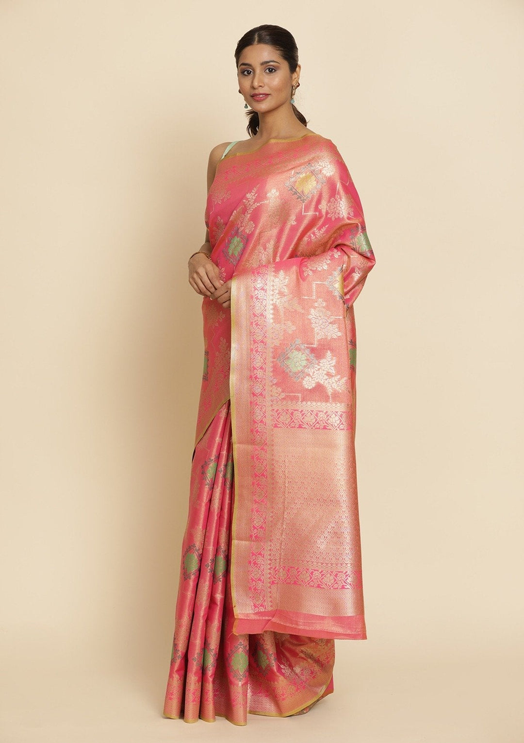 Pink Zariwork Tissue Designer Saree - koskii