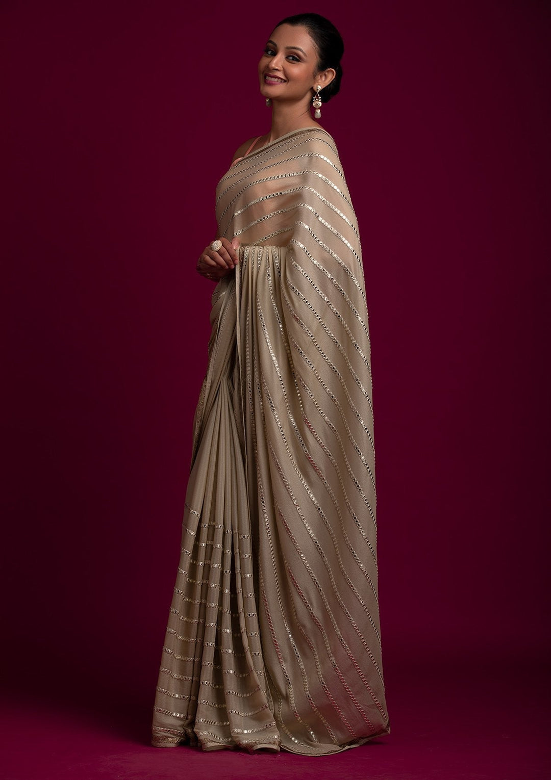 Pista Green Gotapatti Semi Crepe Designer Saree - koskii