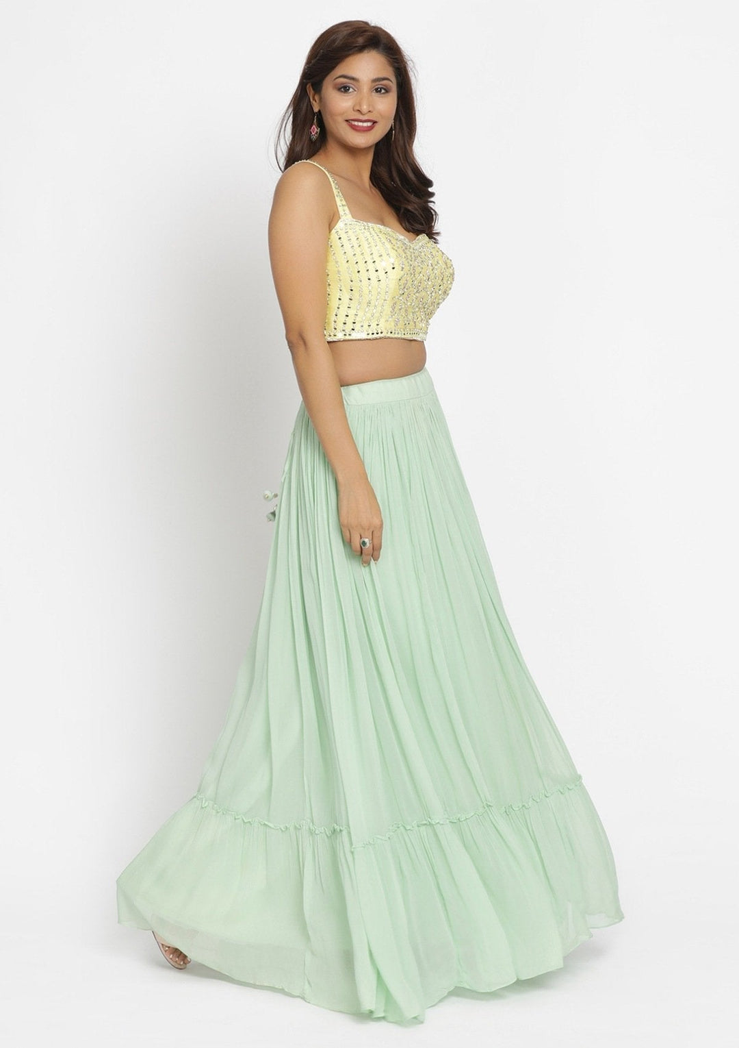 Pista Green Mirrorwork Georgette Designer Lehenga - koskii
