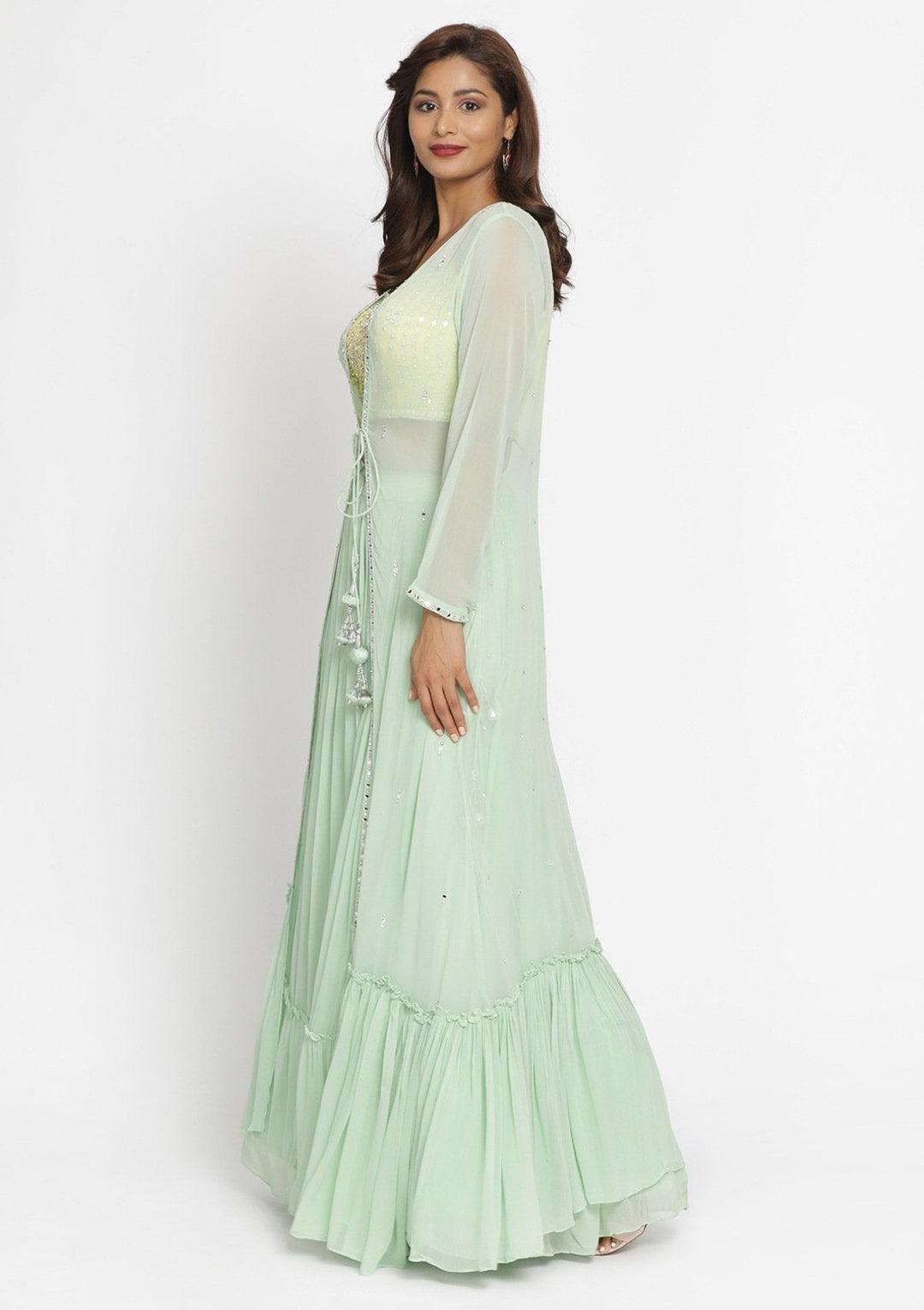 Pista Green Mirrorwork Georgette Designer Lehenga - koskii