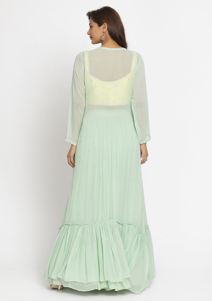 Pista Green Mirrorwork Georgette Designer Lehenga - koskii