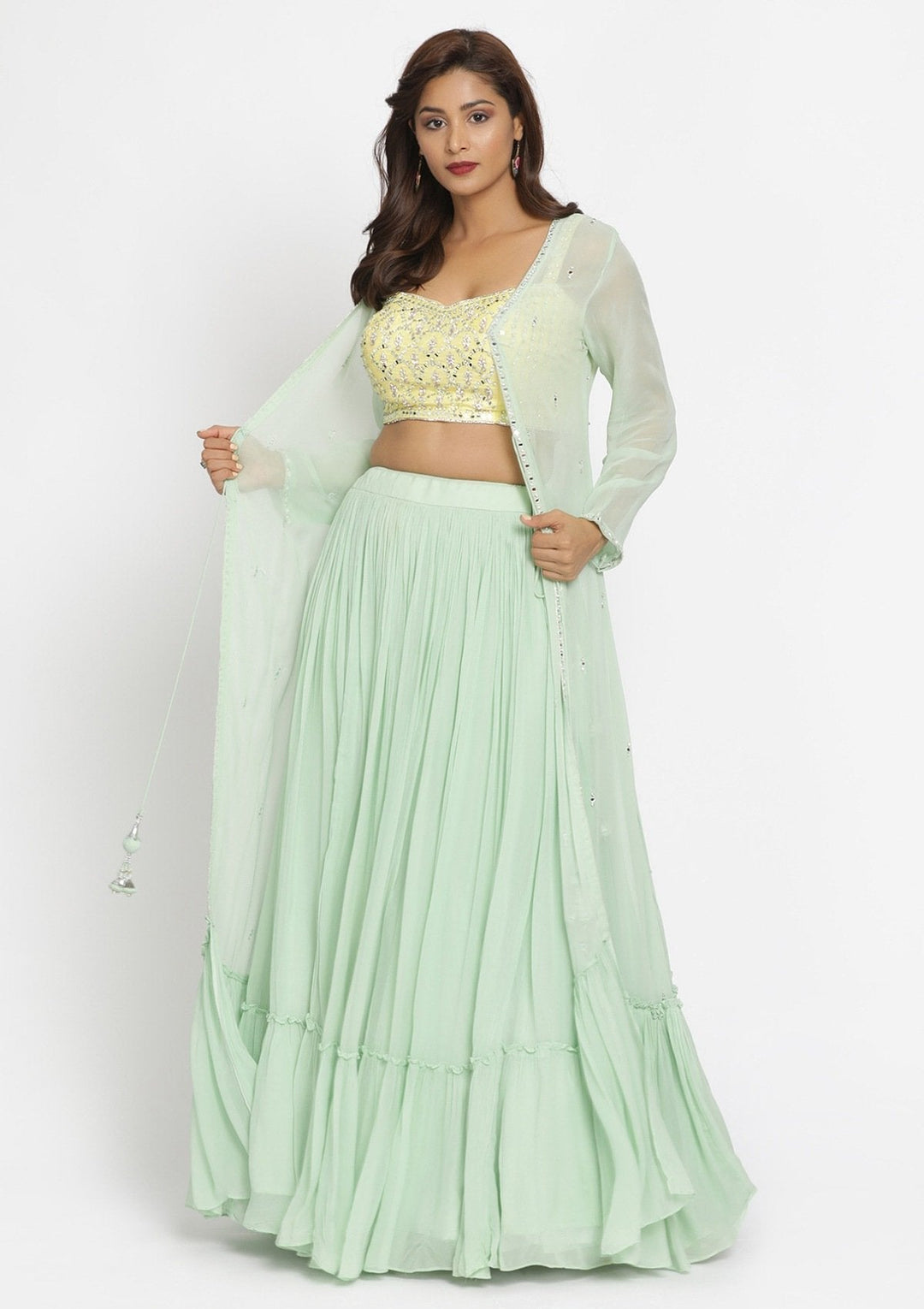 Pista Green Mirrorwork Georgette Designer Lehenga - koskii