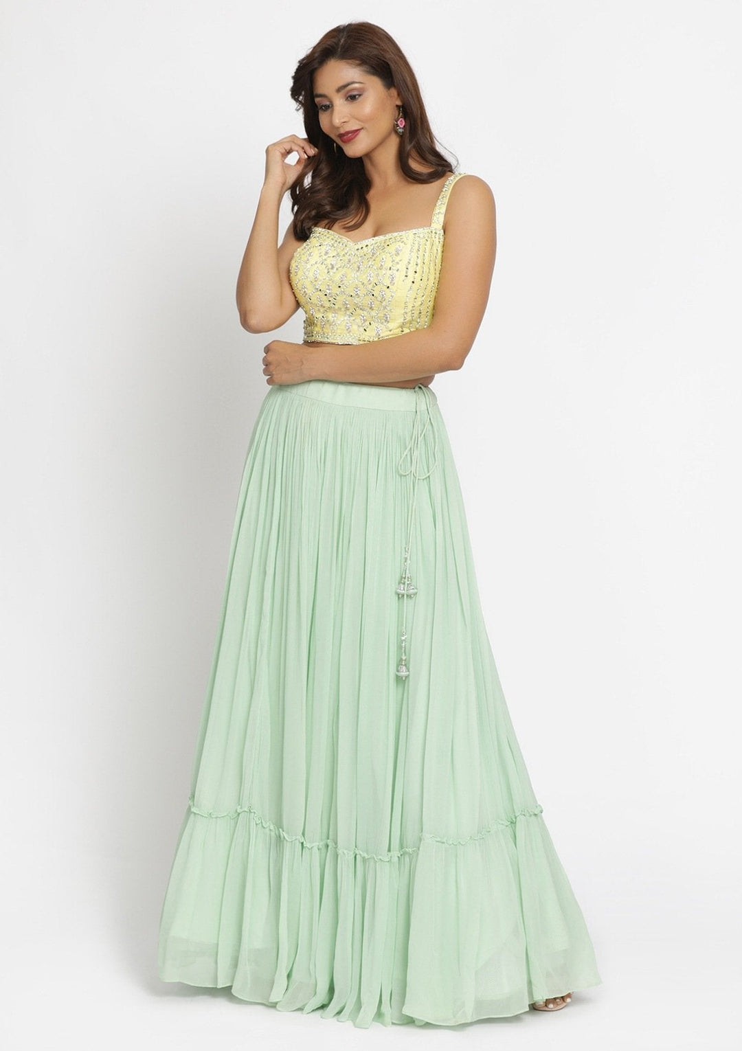 Pista Green Mirrorwork Georgette Designer Lehenga - koskii
