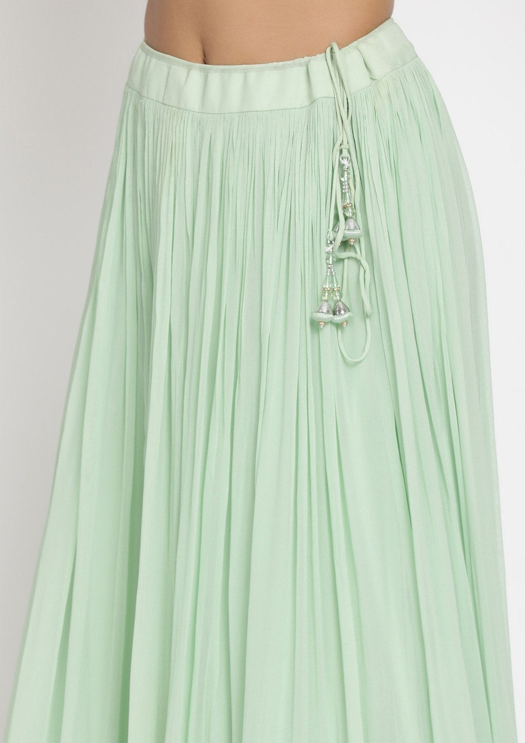 Pista Green Mirrorwork Georgette Designer Lehenga - koskii