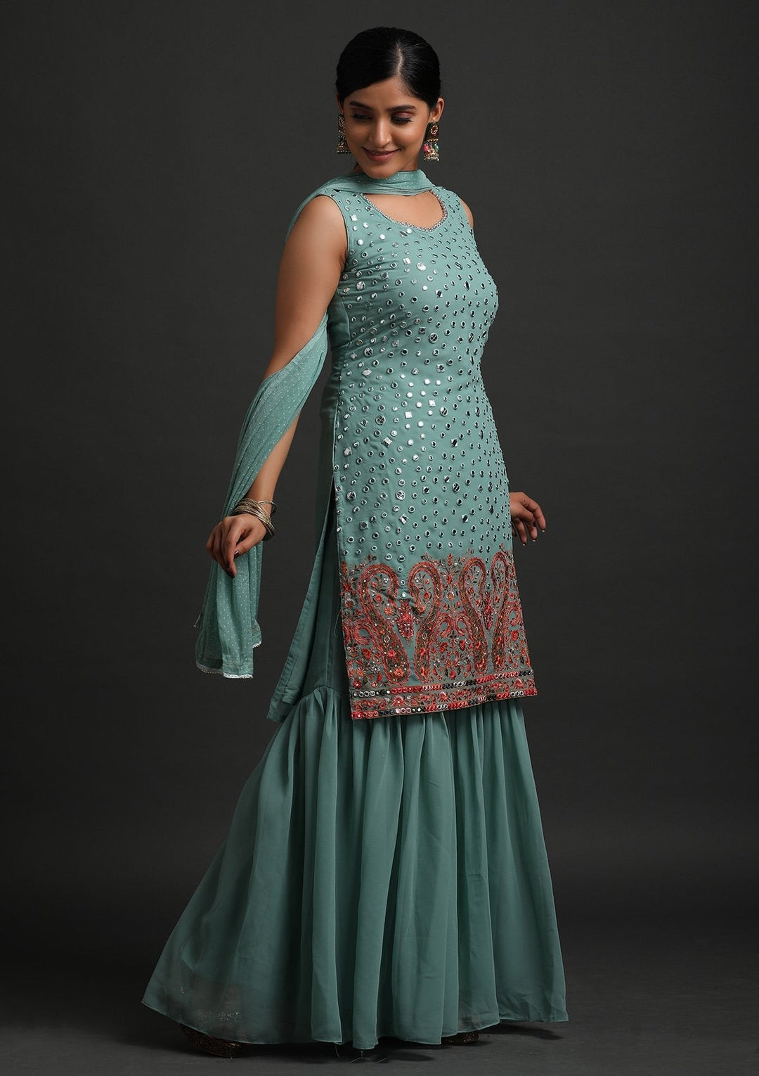 Pista Green Mirrorwork Georgette Designer Salwar Suit - koskii