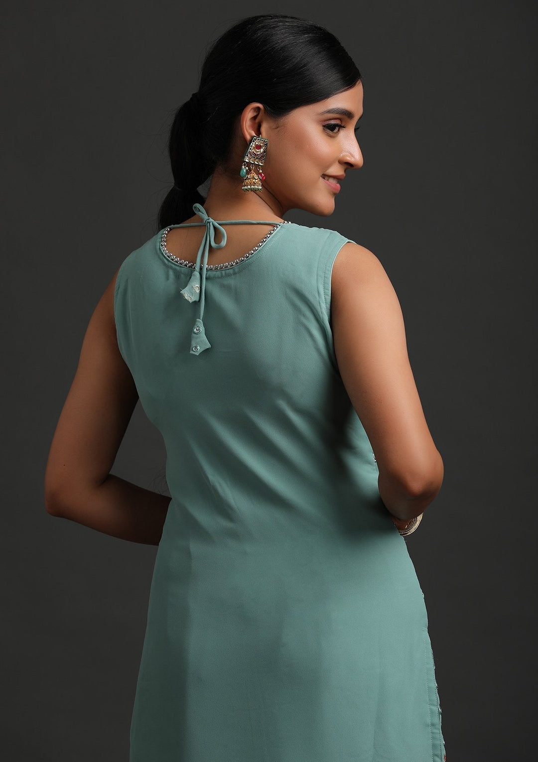 Pista Green Mirrorwork Georgette Designer Salwar Suit - koskii