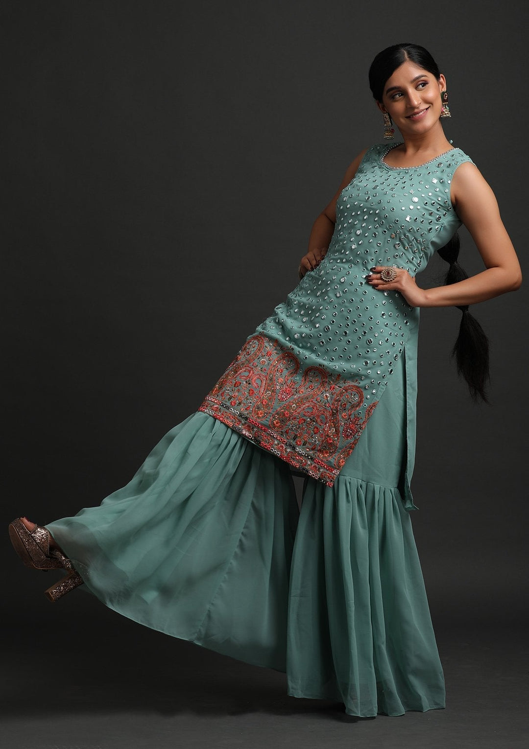 Pista Green Mirrorwork Georgette Designer Salwar Suit - koskii