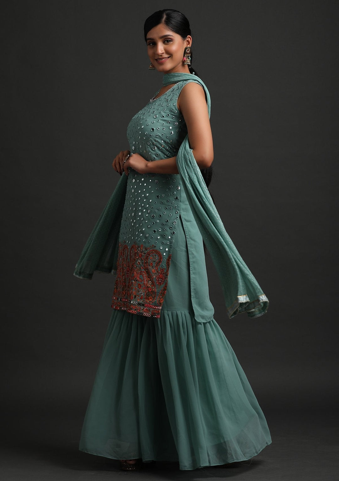 Pista Green Mirrorwork Georgette Designer Salwar Suit - koskii