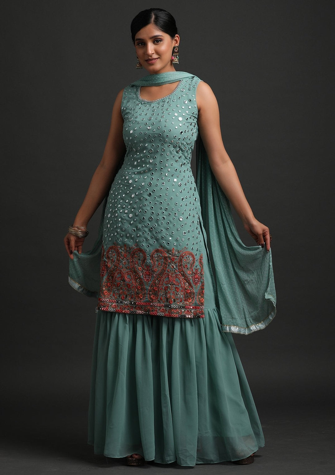 Pista Green Mirrorwork Georgette Designer Salwar Suit - koskii