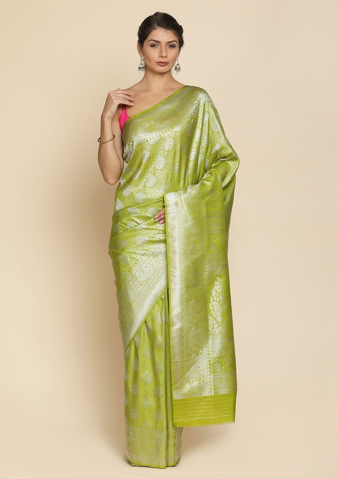 Pista Green Silver Zariwork Raw Silk Designer Saree - koskii