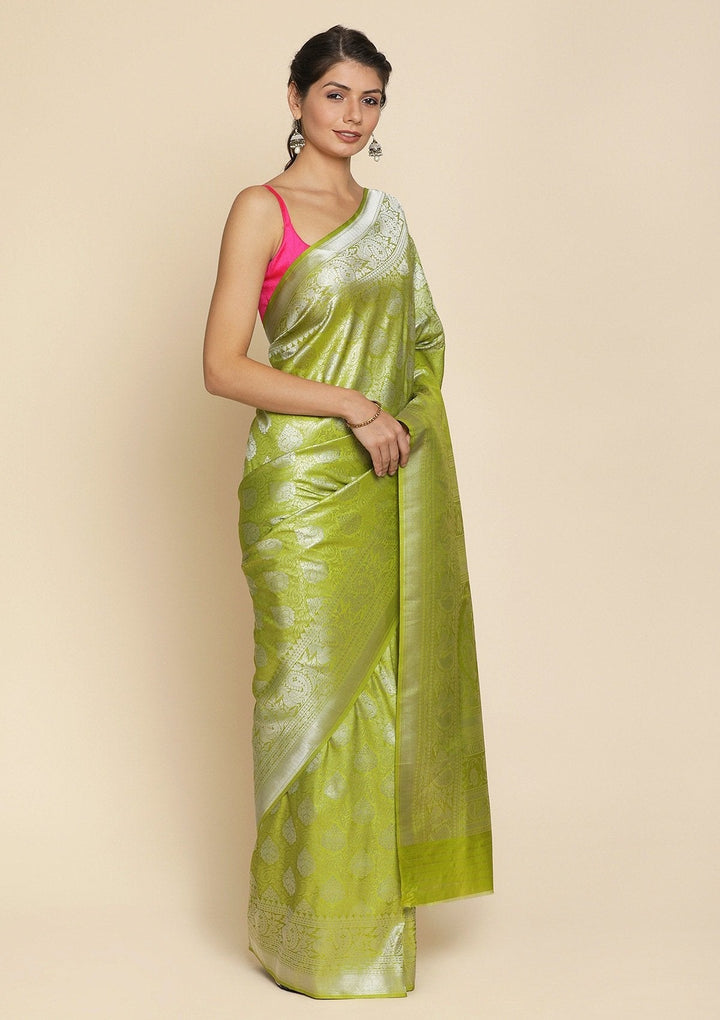 Pista Green Silver Zariwork Raw Silk Designer Saree - koskii