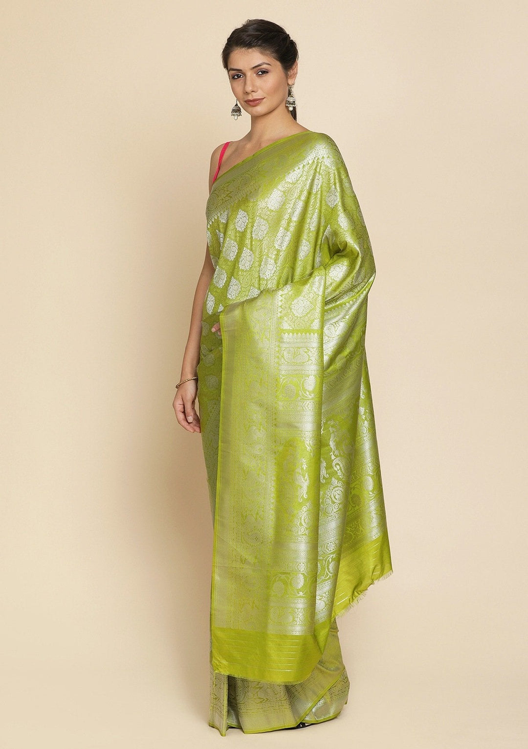 Pista Green Silver Zariwork Raw Silk Designer Saree - koskii