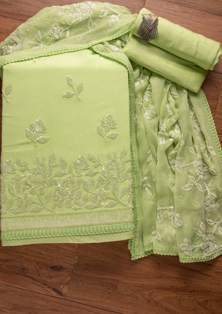Pista Green Sequins Georgette Designer Unstitched Salwar Suit - koskii