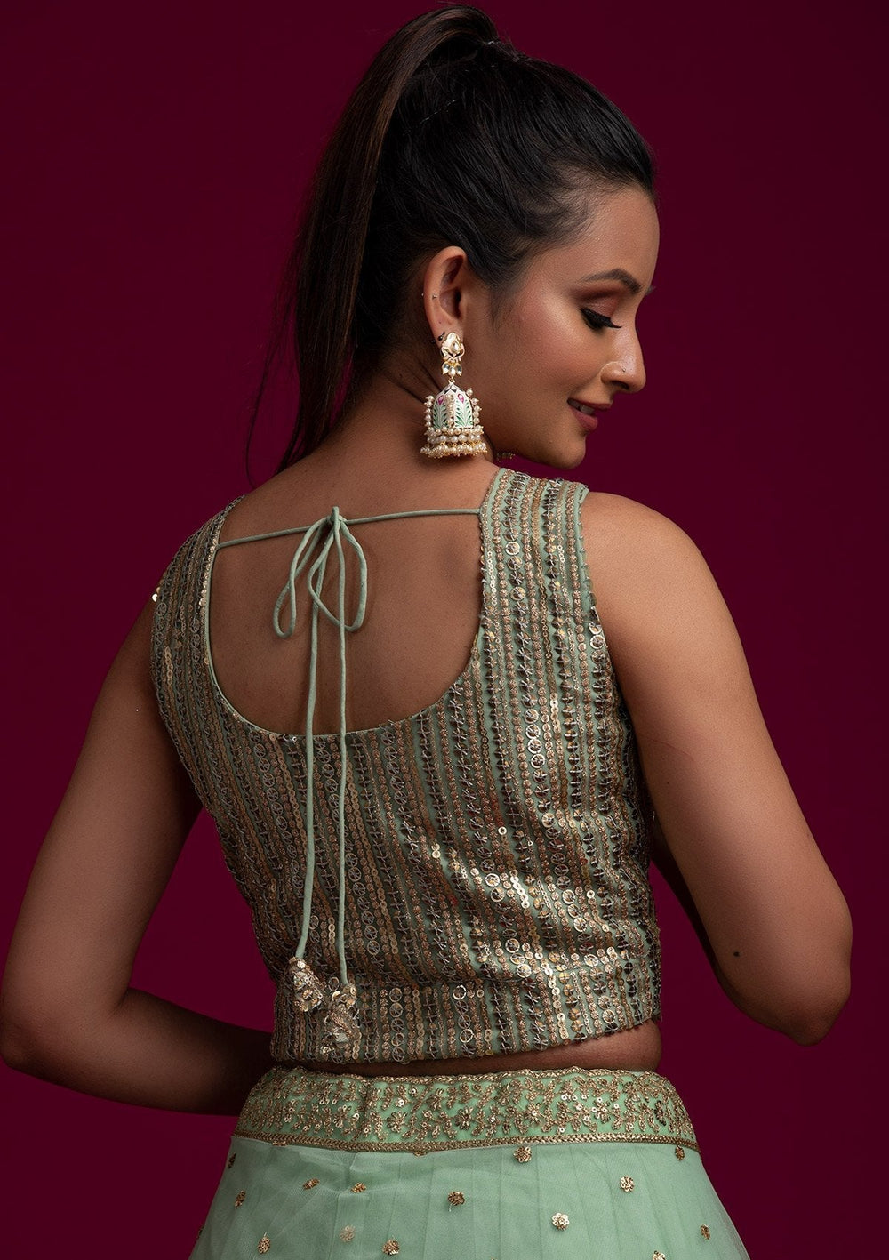 Pista Green Sequins Net Designer Blouse - koskii
