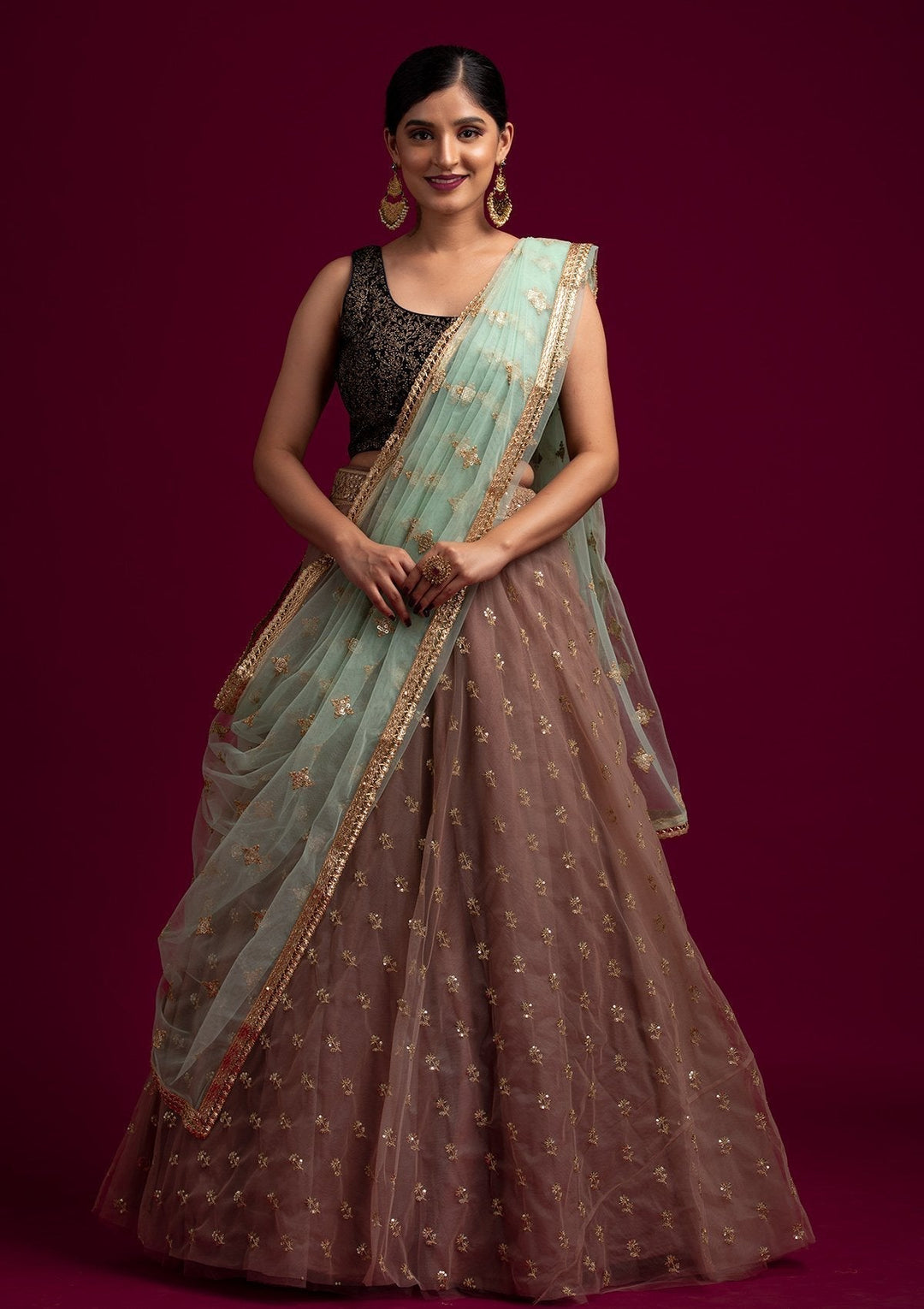 Pista Green Sequins Net Designer Dupatta - koskii