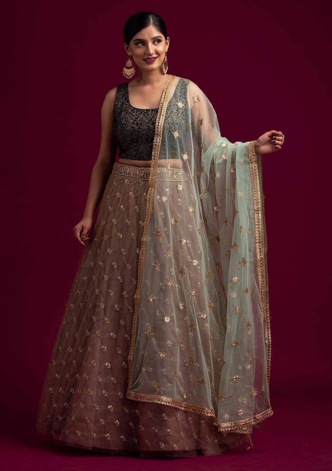 Pista Green Sequins Net Designer Dupatta - koskii