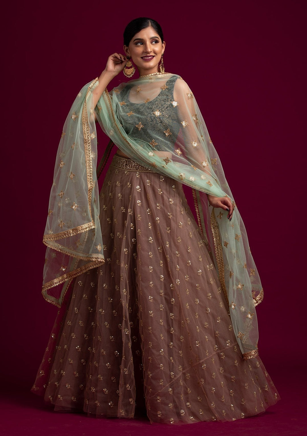 Pista Green Sequins Net Designer Dupatta - koskii