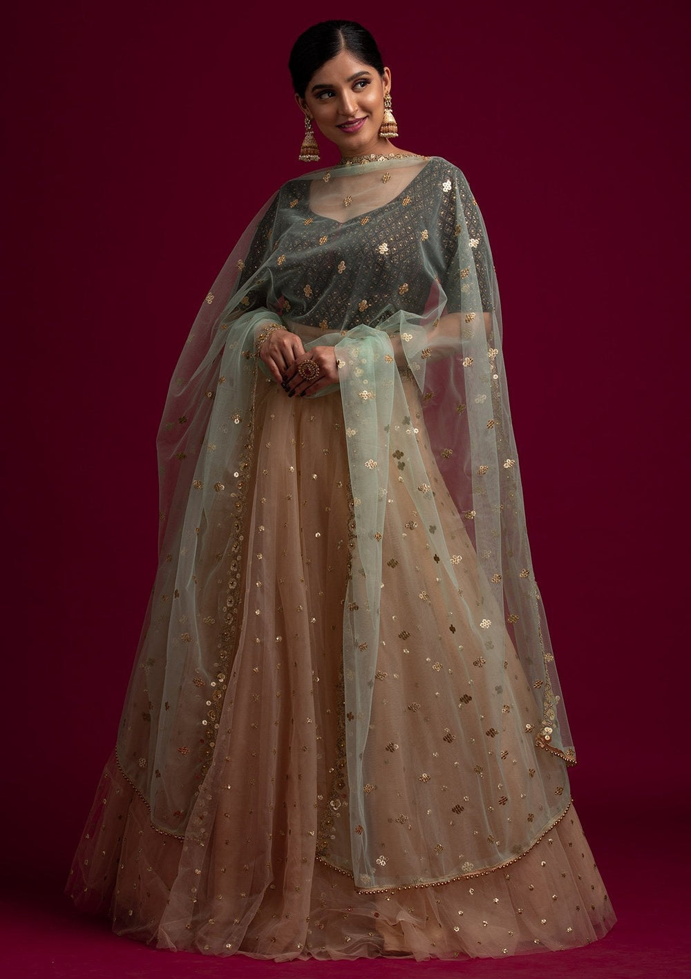 Pista Green Sequins Net Designer Dupatta - koskii