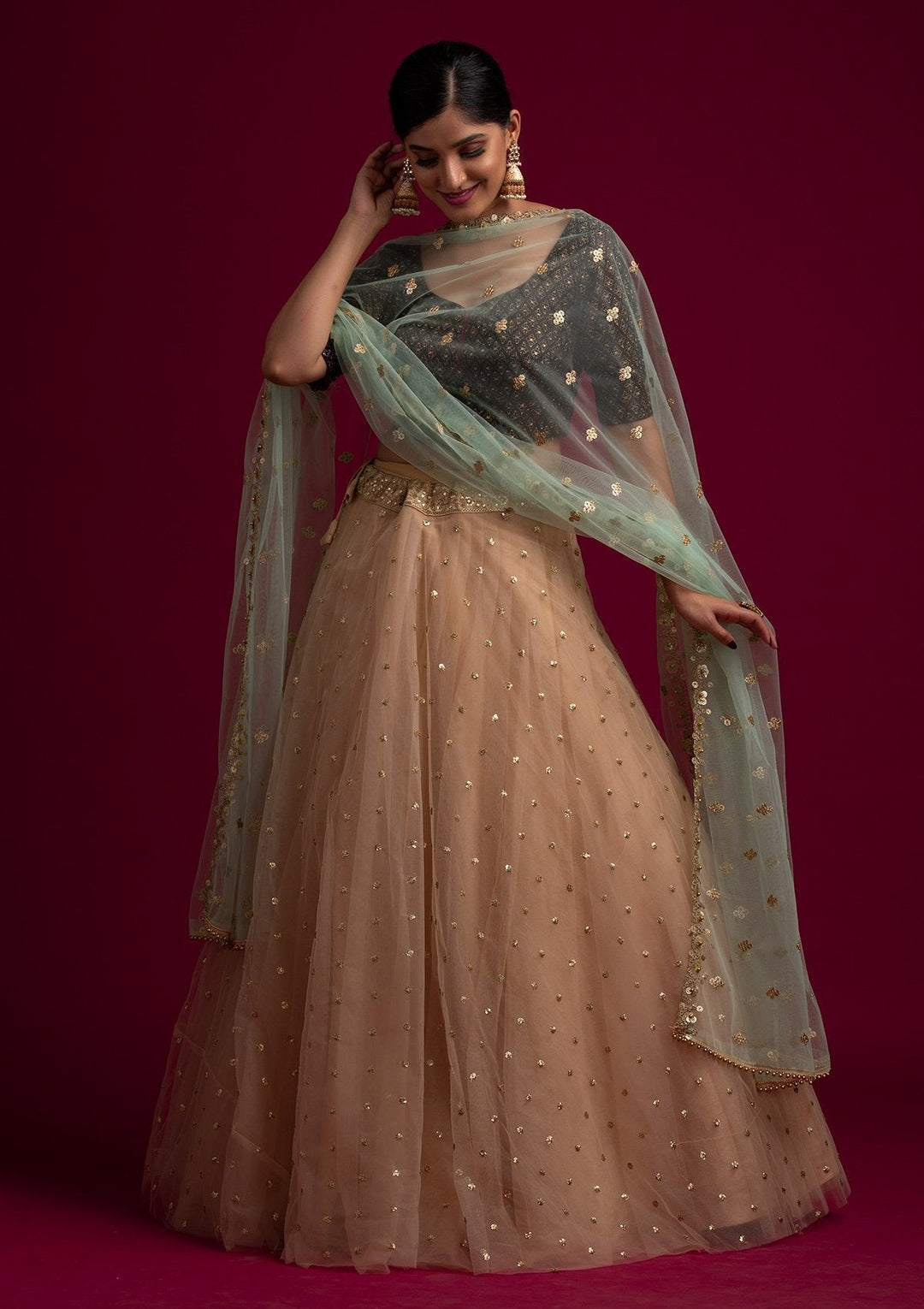 Pista Green Sequins Net Designer Dupatta - koskii