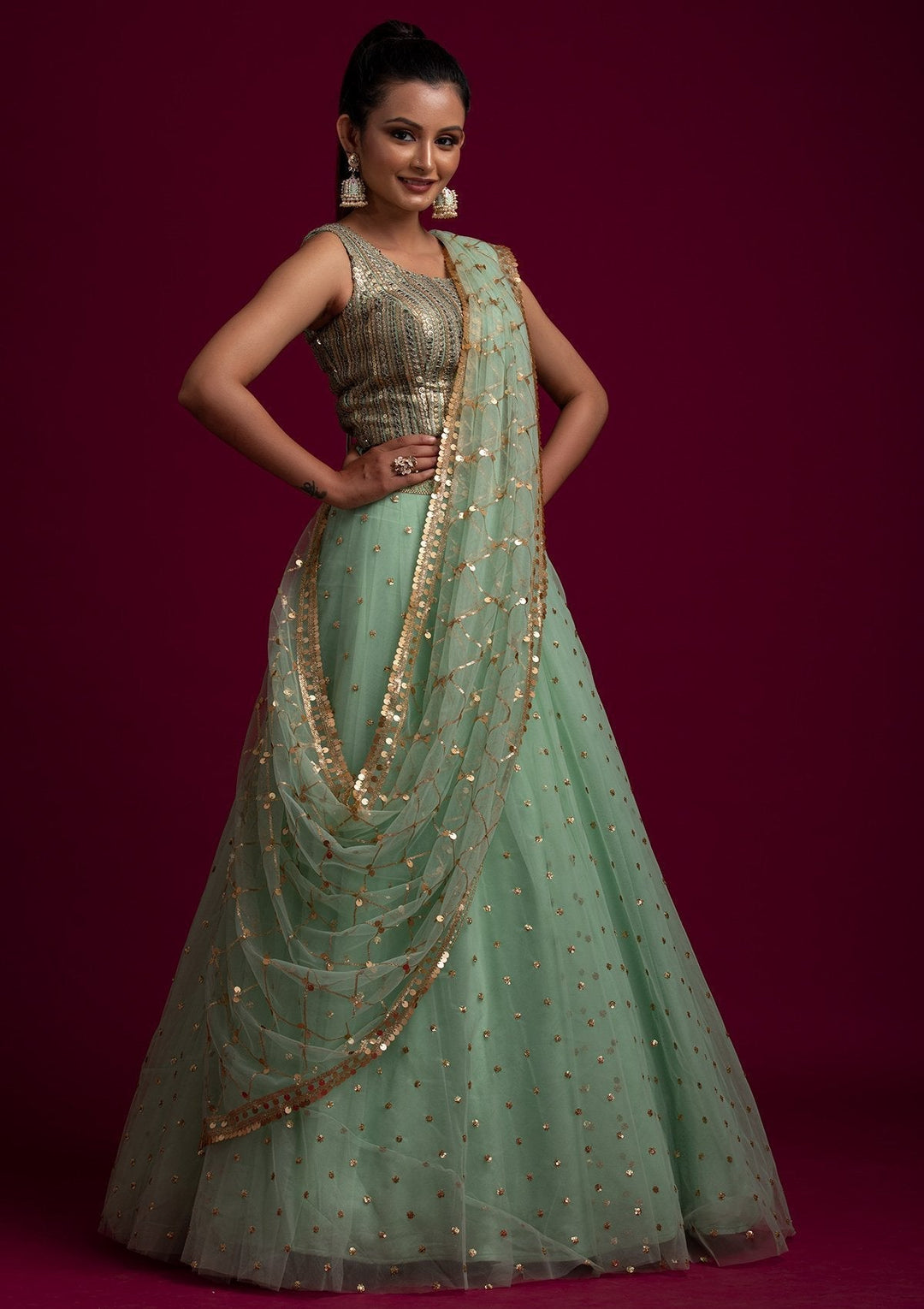 Pista Green Sequins Net Designer Dupatta - koskii