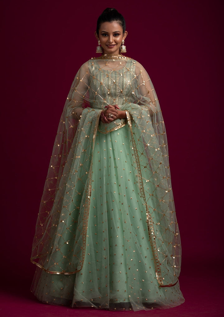 Pista Green Sequins Net Designer Dupatta - koskii