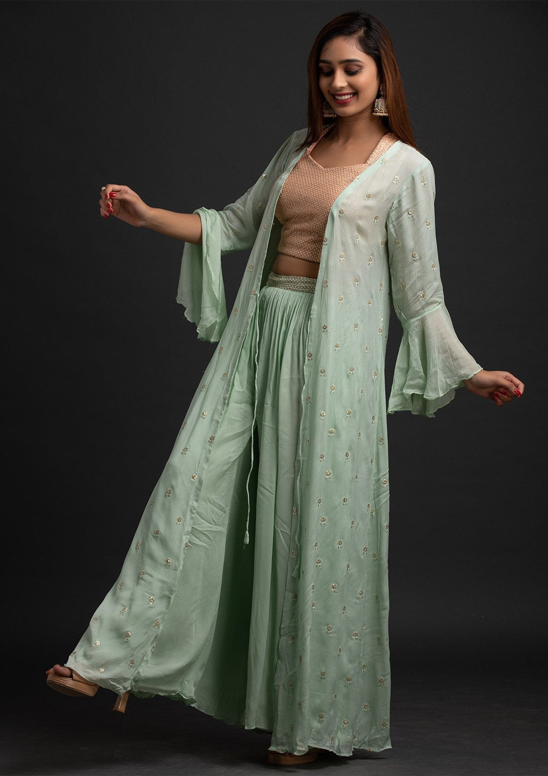 Pista Green Sequins Semi Crepe Designer Salwar Suit - koskii