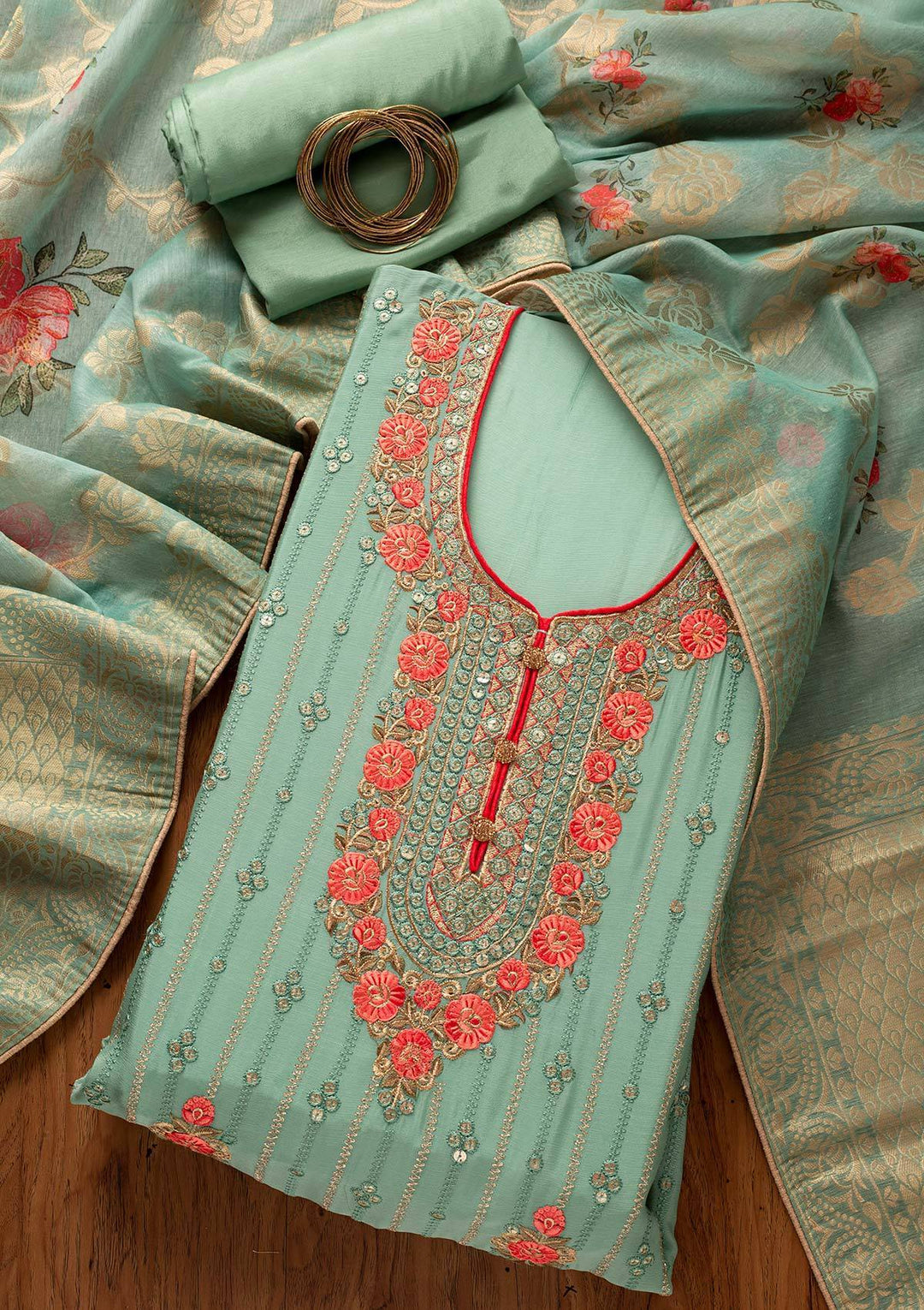 Pista Green Sequins Semi Crepe Designer Unstitched Salwar Suit - koskii