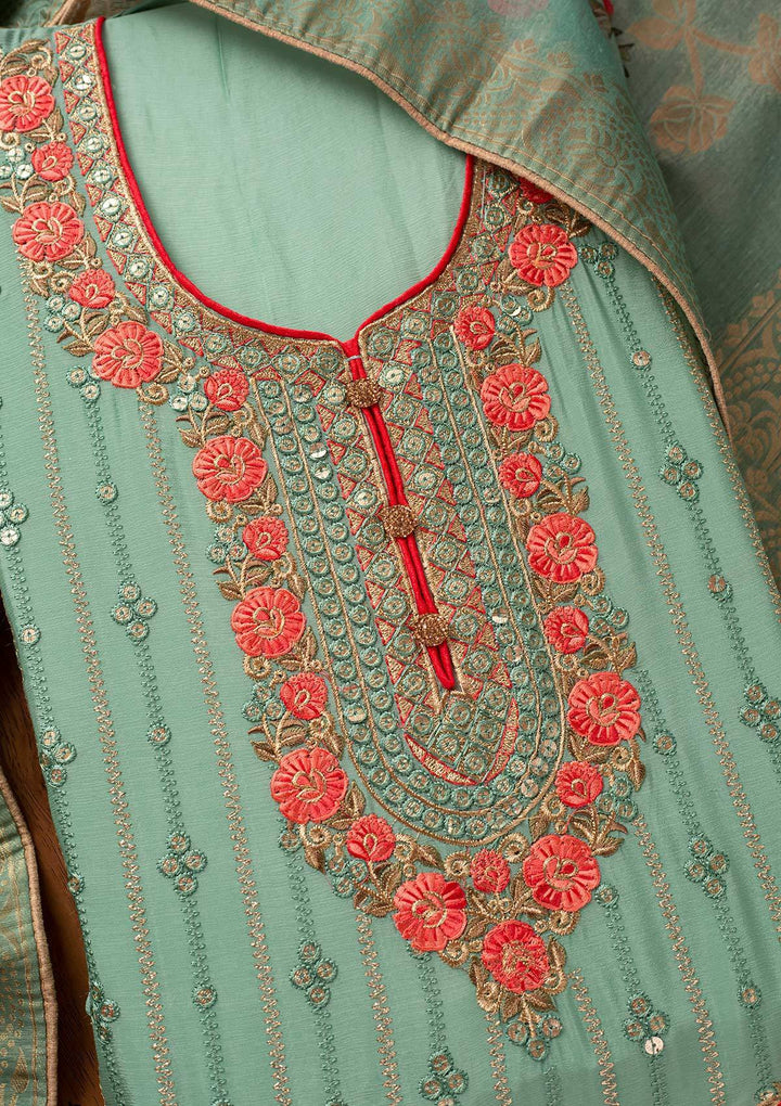 Pista Green Sequins Semi Crepe Designer Unstitched Salwar Suit - koskii