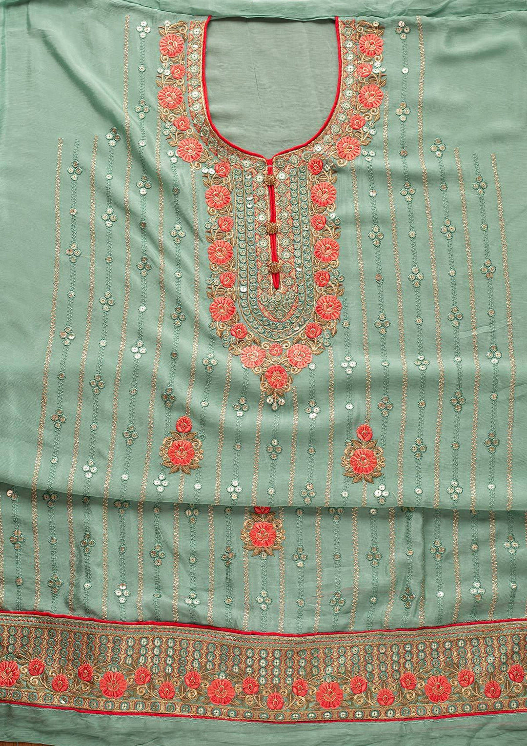 Pista Green Sequins Semi Crepe Designer Unstitched Salwar Suit - koskii