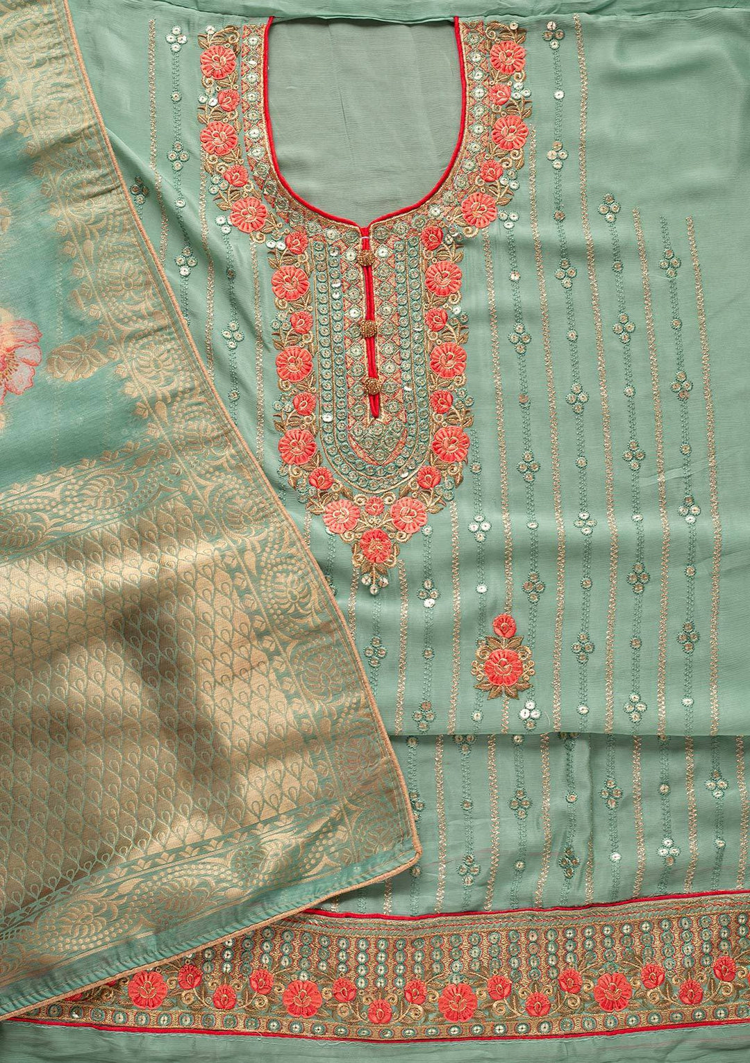 Pista Green Sequins Semi Crepe Designer Unstitched Salwar Suit - koskii