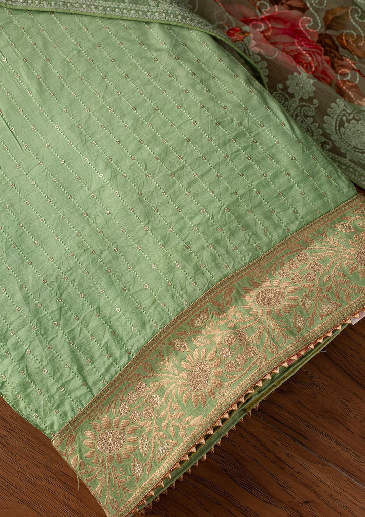 Pista Green Sequins Semi Crepe Designer Unstitched Salwar Suit - koskii