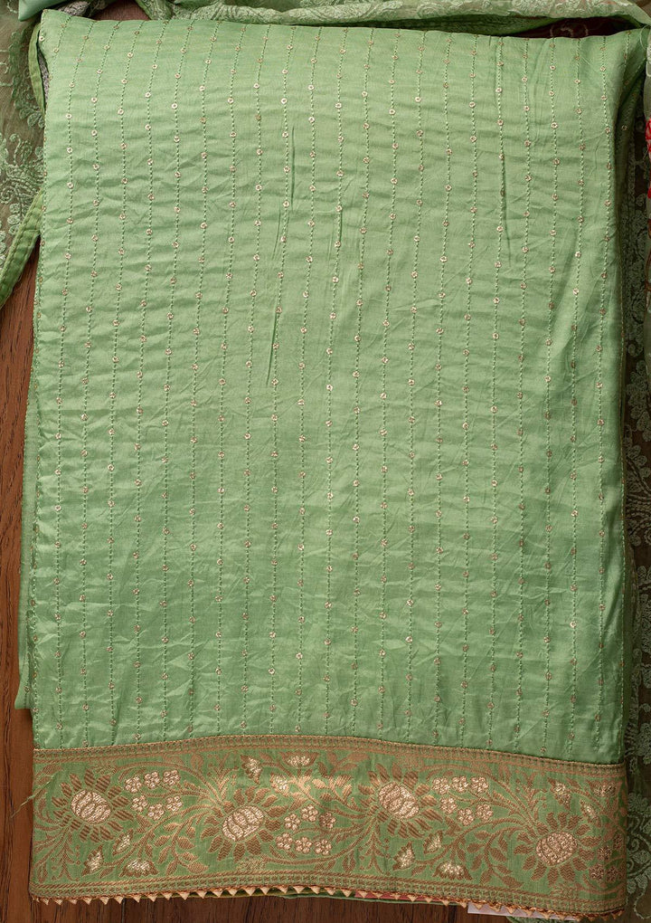 Pista Green Sequins Semi Crepe Designer Unstitched Salwar Suit - koskii
