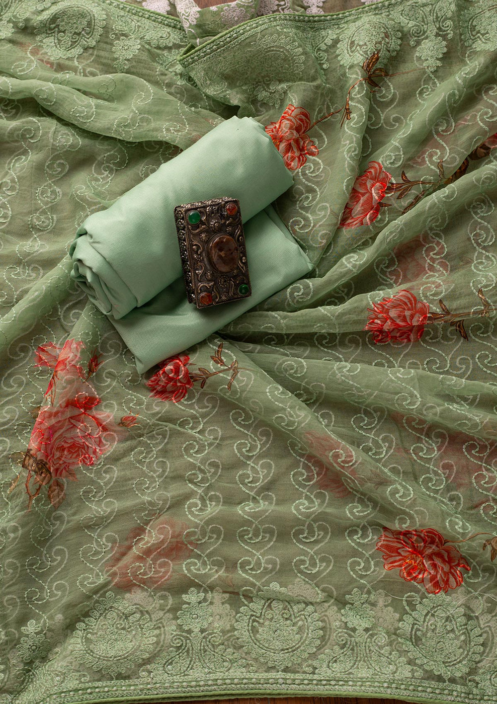 Pista Green Sequins Semi Crepe Designer Unstitched Salwar Suit - koskii
