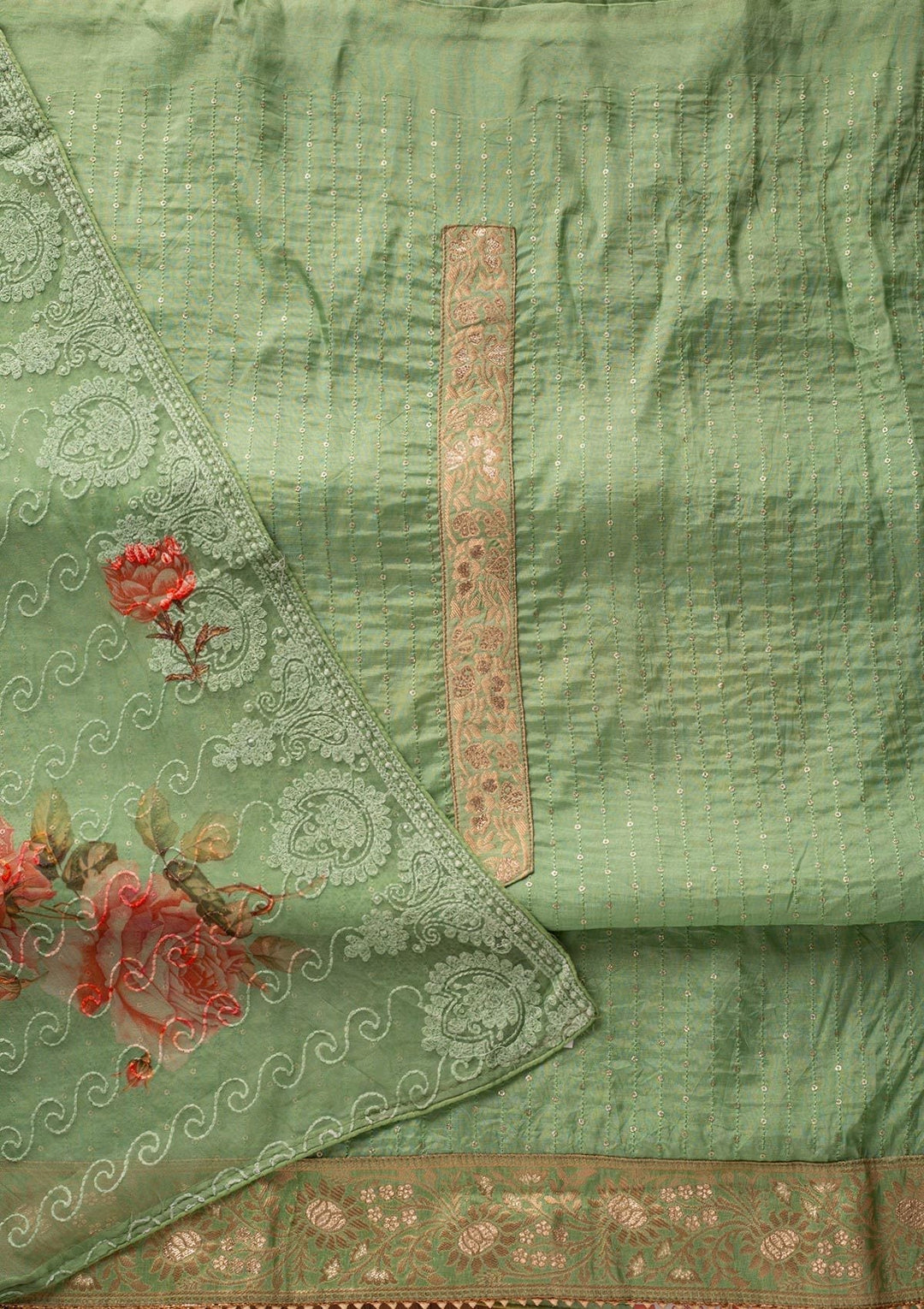 Pista Green Sequins Semi Crepe Designer Unstitched Salwar Suit - koskii