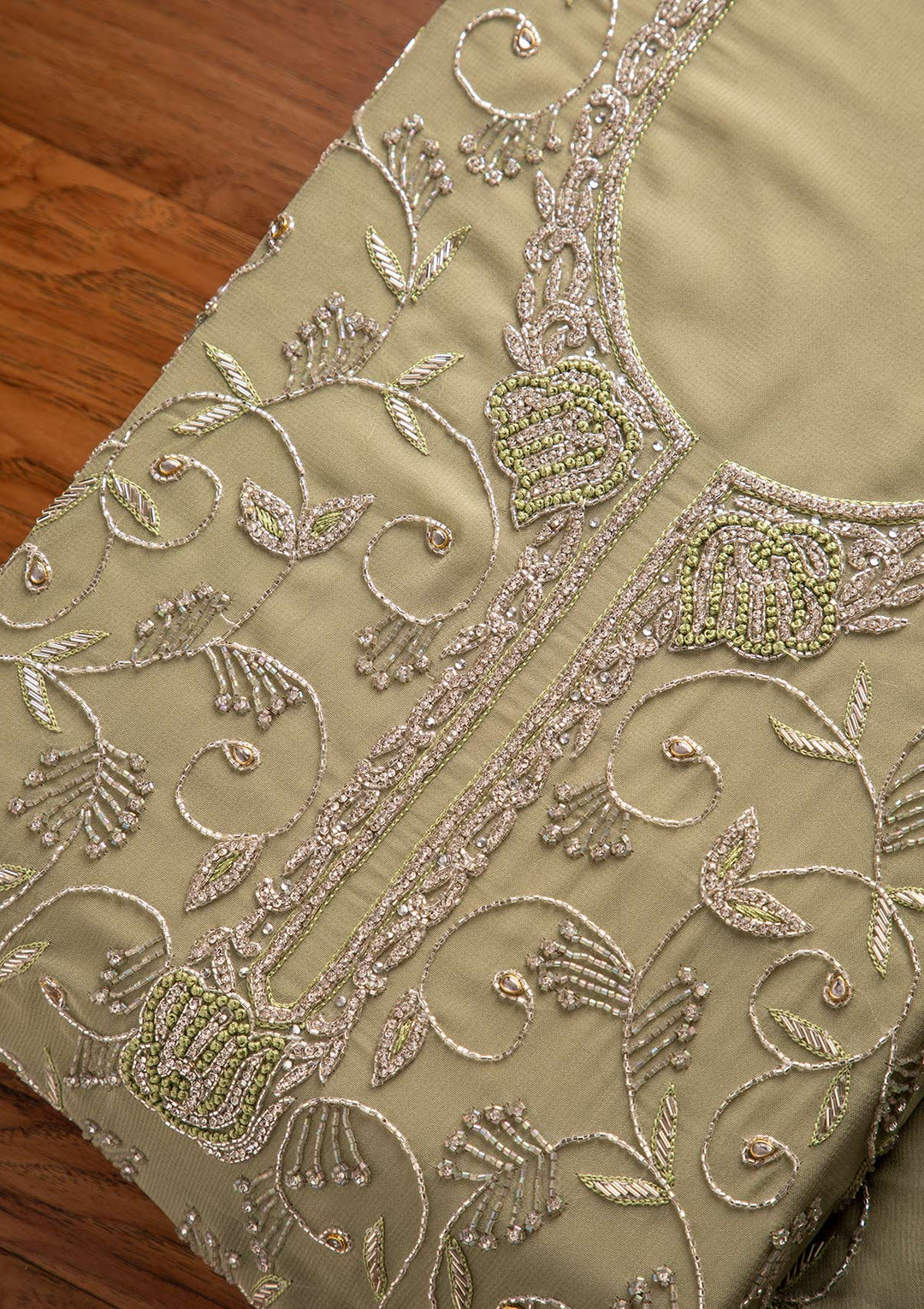 Pista Green Silver Stonework Georgette Designer Unstitched Salwar Suit - koskii