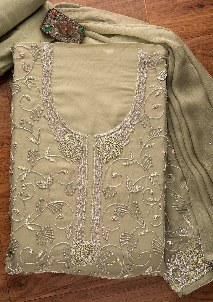 Pista Green Silver Stonework Georgette Designer Unstitched Salwar Suit - koskii