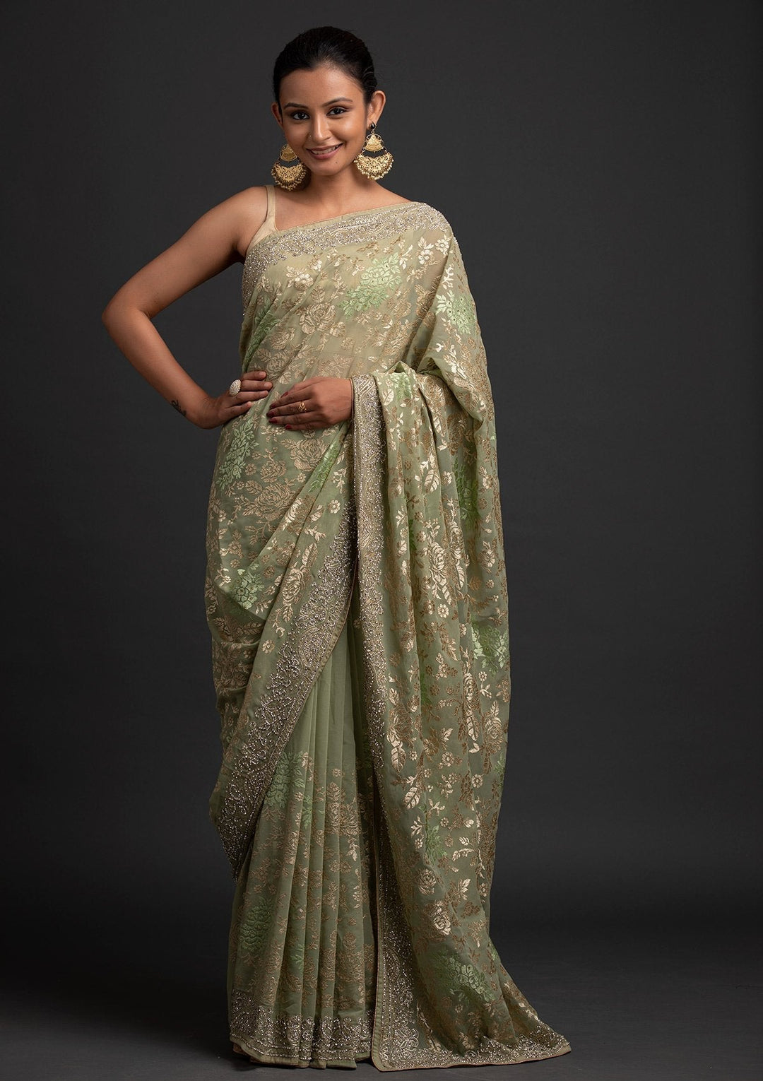Pista Green Silver Stonework Georgette Designer Saree - koskii