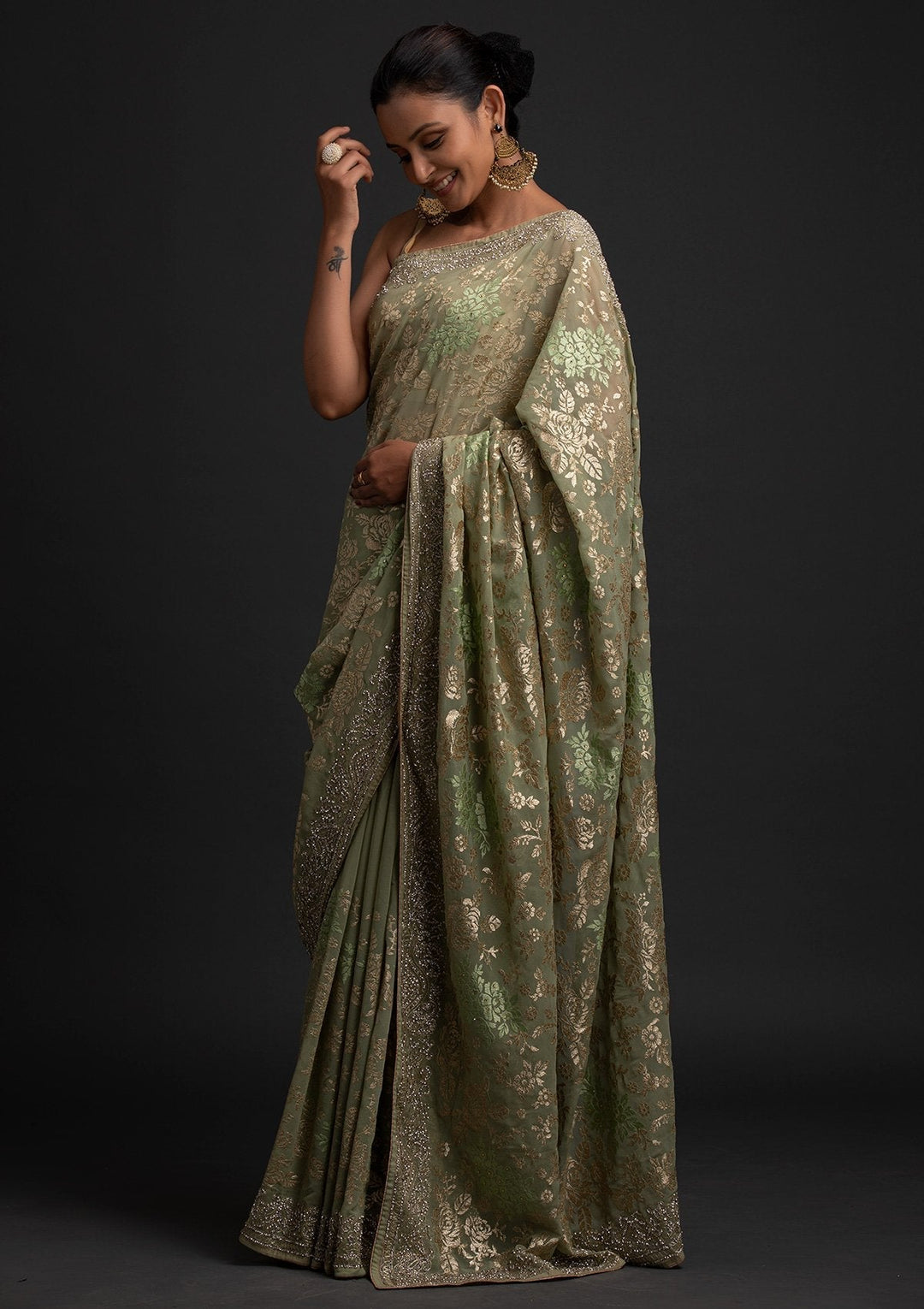 Pista Green Silver Stonework Georgette Designer Saree - koskii