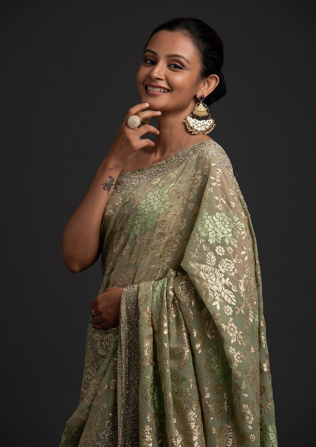 Pista Green Silver Stonework Georgette Designer Saree - koskii