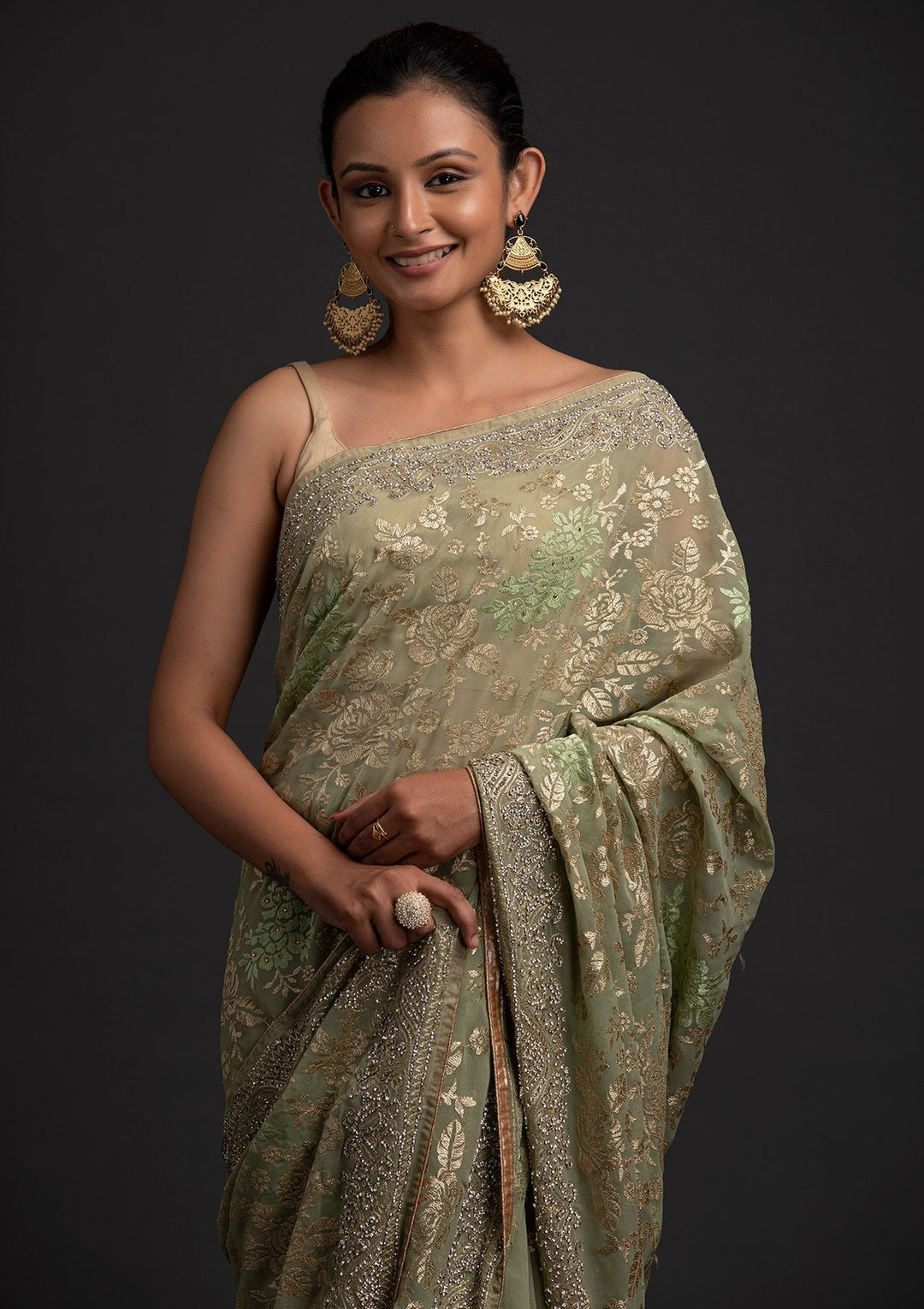 Pista Green Silver Stonework Georgette Designer Saree - koskii