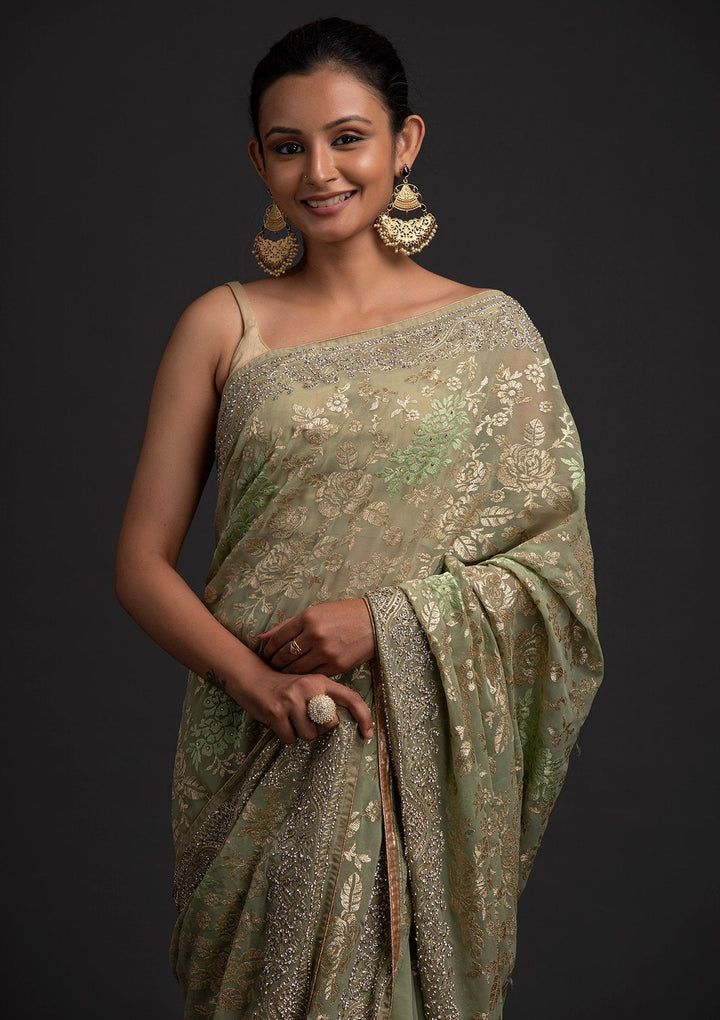 Pista Green Silver Stonework Georgette Designer Saree - koskii