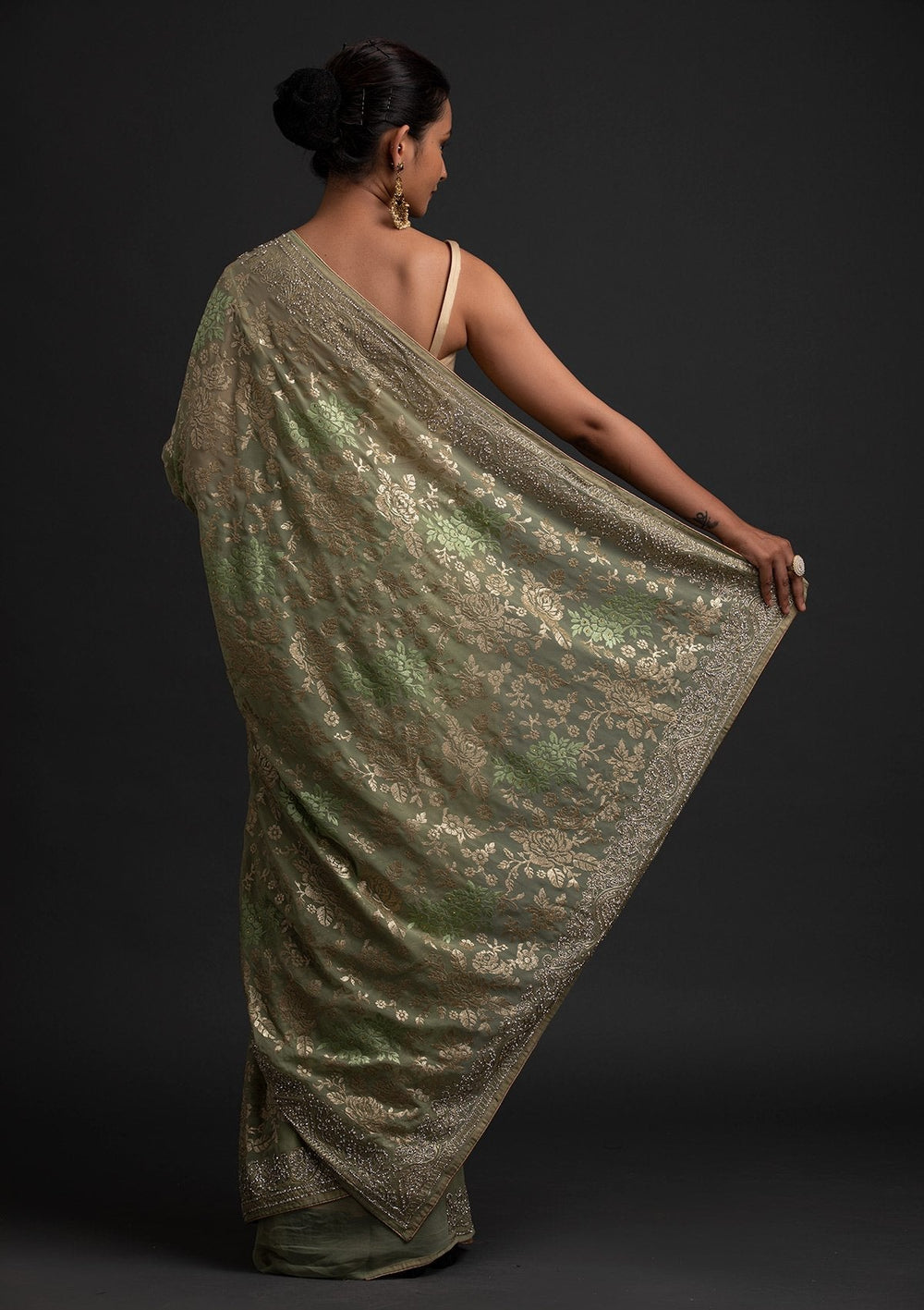 Pista Green Silver Stonework Georgette Designer Saree - koskii