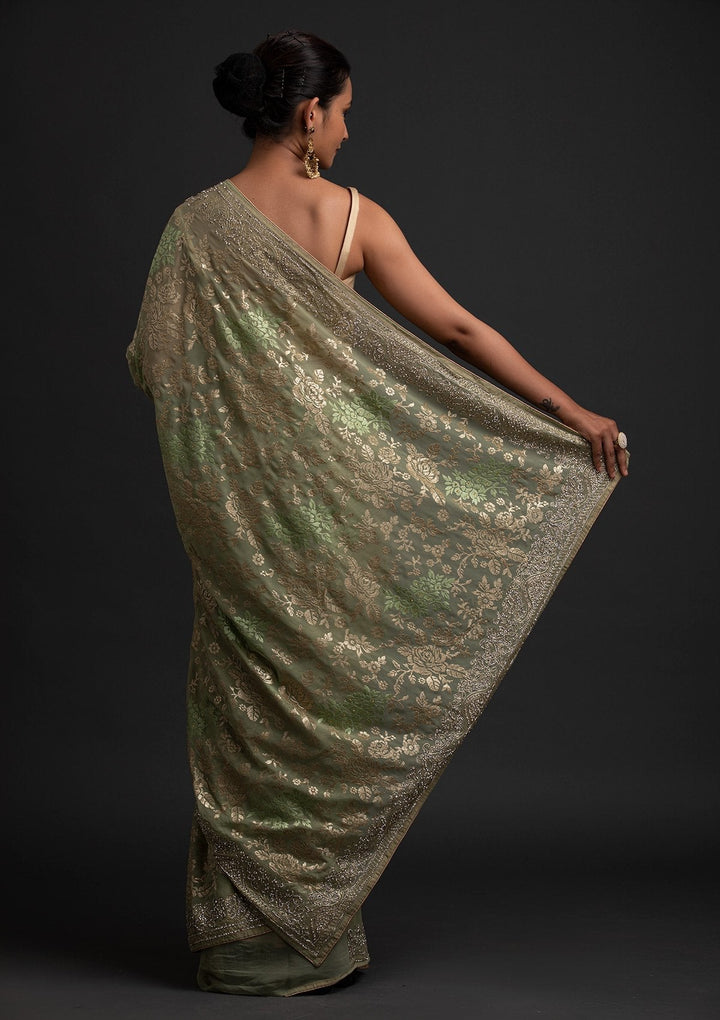 Pista Green Silver Stonework Georgette Designer Saree - koskii