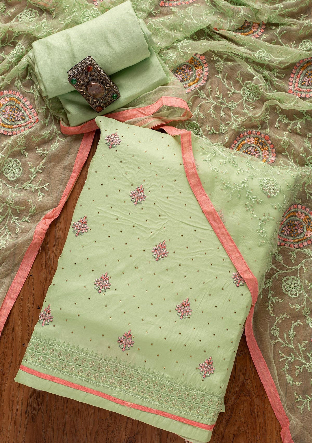 Pista Green Threadwork Art Silk Designer Unstitched Salwar Suit - koskii