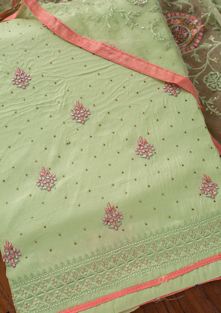 Pista Green Threadwork Art Silk Designer Unstitched Salwar Suit - koskii