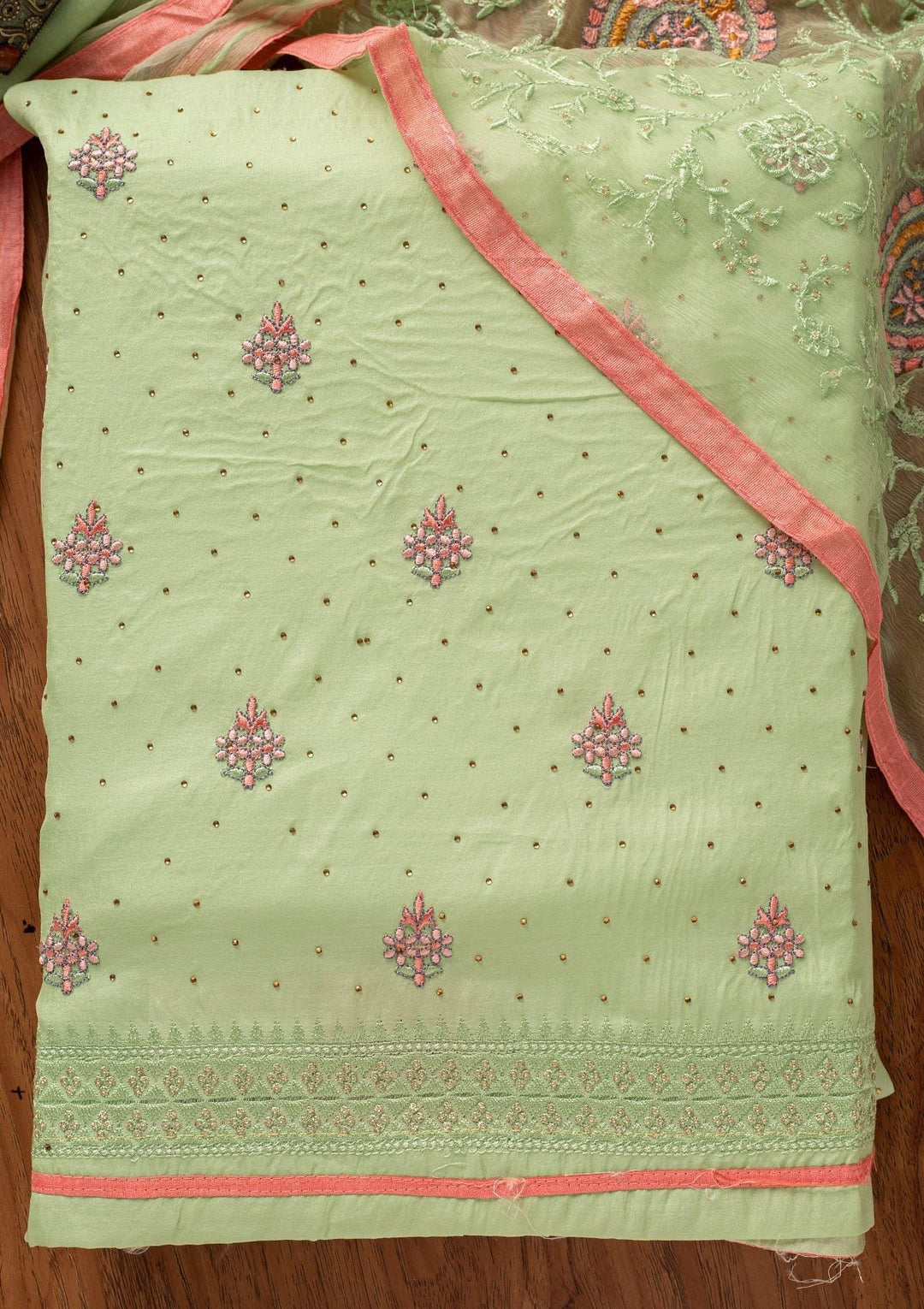 Pista Green Threadwork Art Silk Designer Unstitched Salwar Suit - koskii