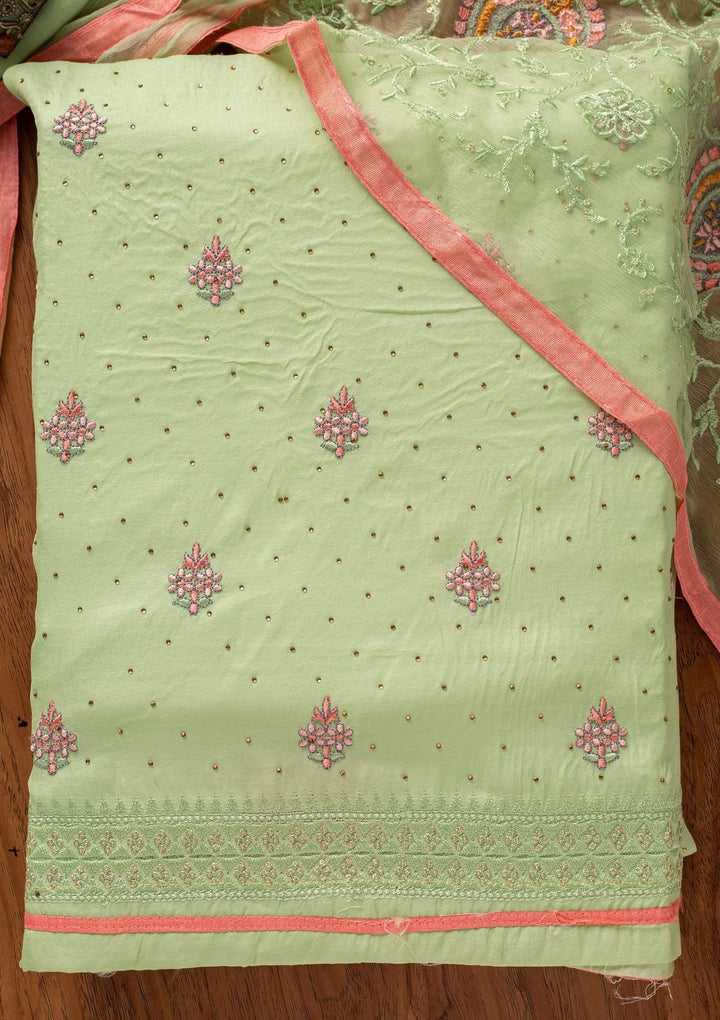 Pista Green Threadwork Art Silk Designer Unstitched Salwar Suit - koskii