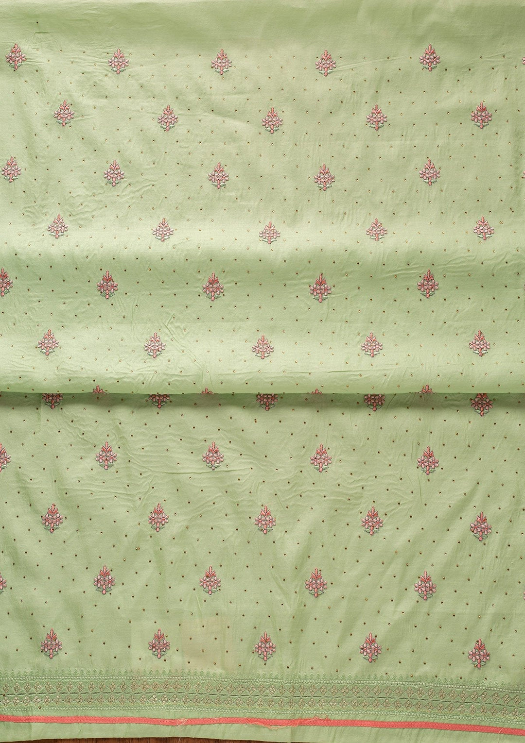 Pista Green Threadwork Art Silk Designer Unstitched Salwar Suit - koskii