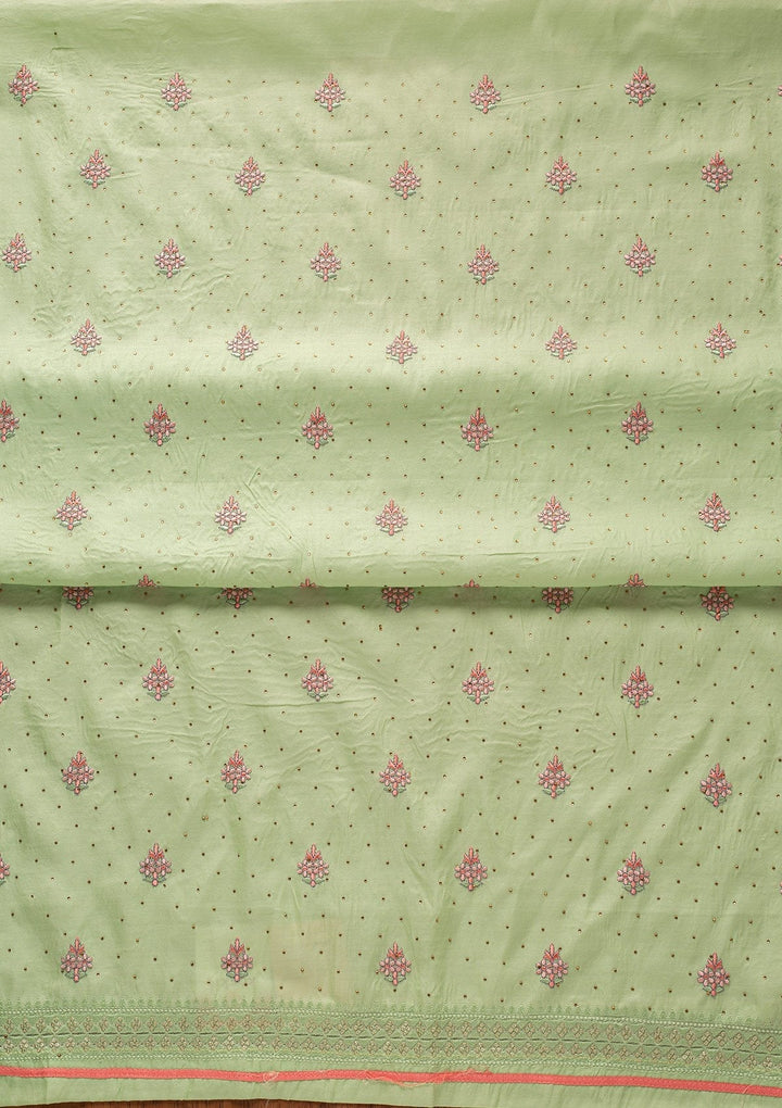 Pista Green Threadwork Art Silk Designer Unstitched Salwar Suit - koskii